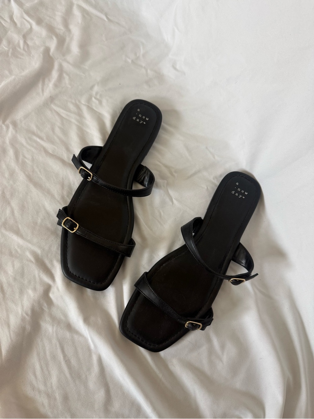 Target “A New Day” Black Double-Strap Slide Sandals with Gold Buckles